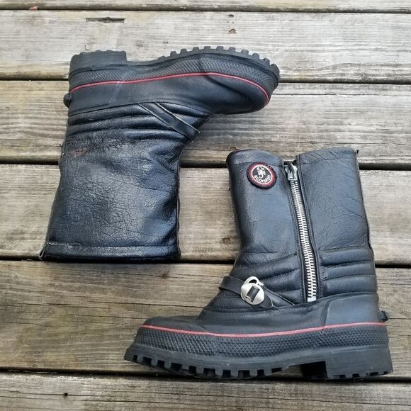 Vintage 80s Scorpion Snowmobile Boots Black Leather Red Stripe Grunge Distressed - Picture 3 of 8